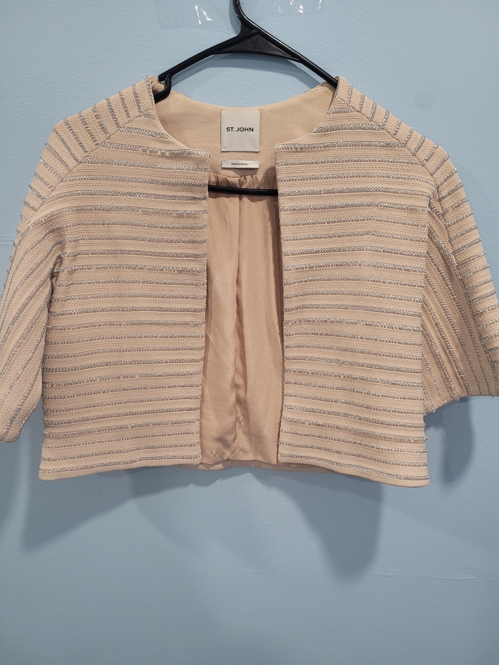 St. John Cropped Open-Front Knit Jacket in Beige with Metallic Stripes